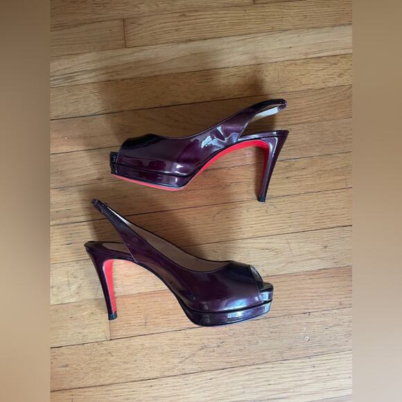 Christian Louboutin Bronze Patent Leather Peep Toe Slingbacks size 37 1/2 - Picture 3 of 11